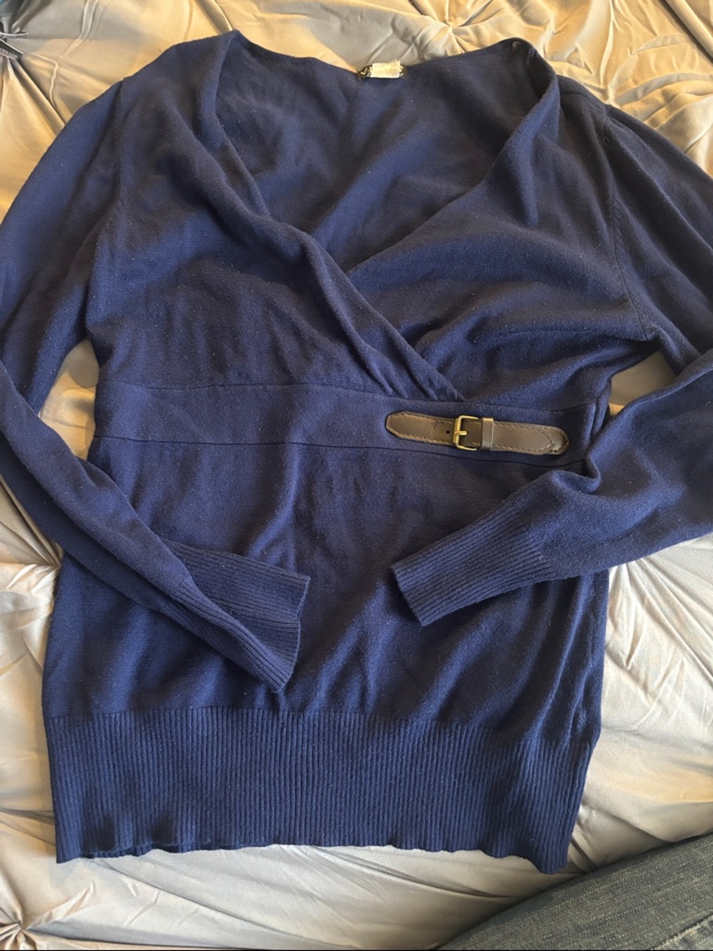 VENUS Men's Navy V-Neck Wrap Sweater with Belt Detail